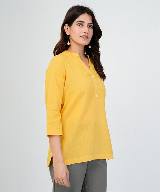 Yellow Airy Linen Short Kurti