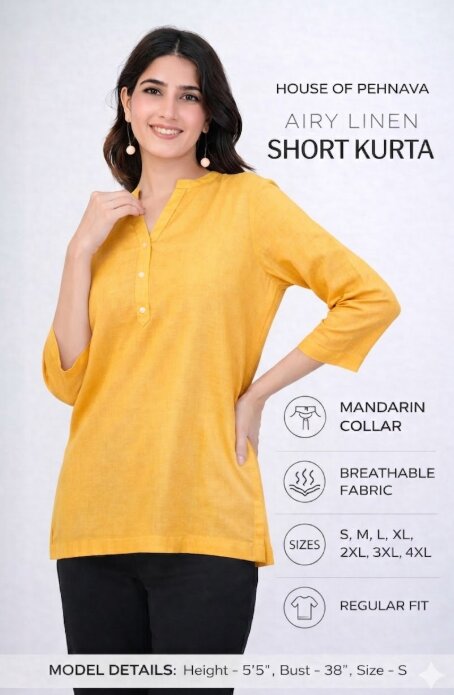 Yellow Airy Linen Short Kurti