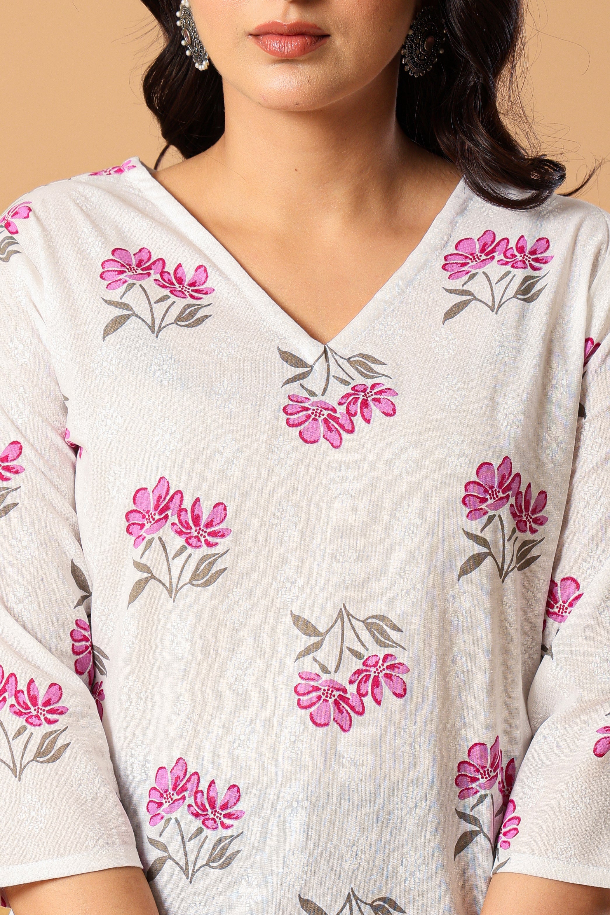 Floral Printed V-Neck Pure Cotton Kurti